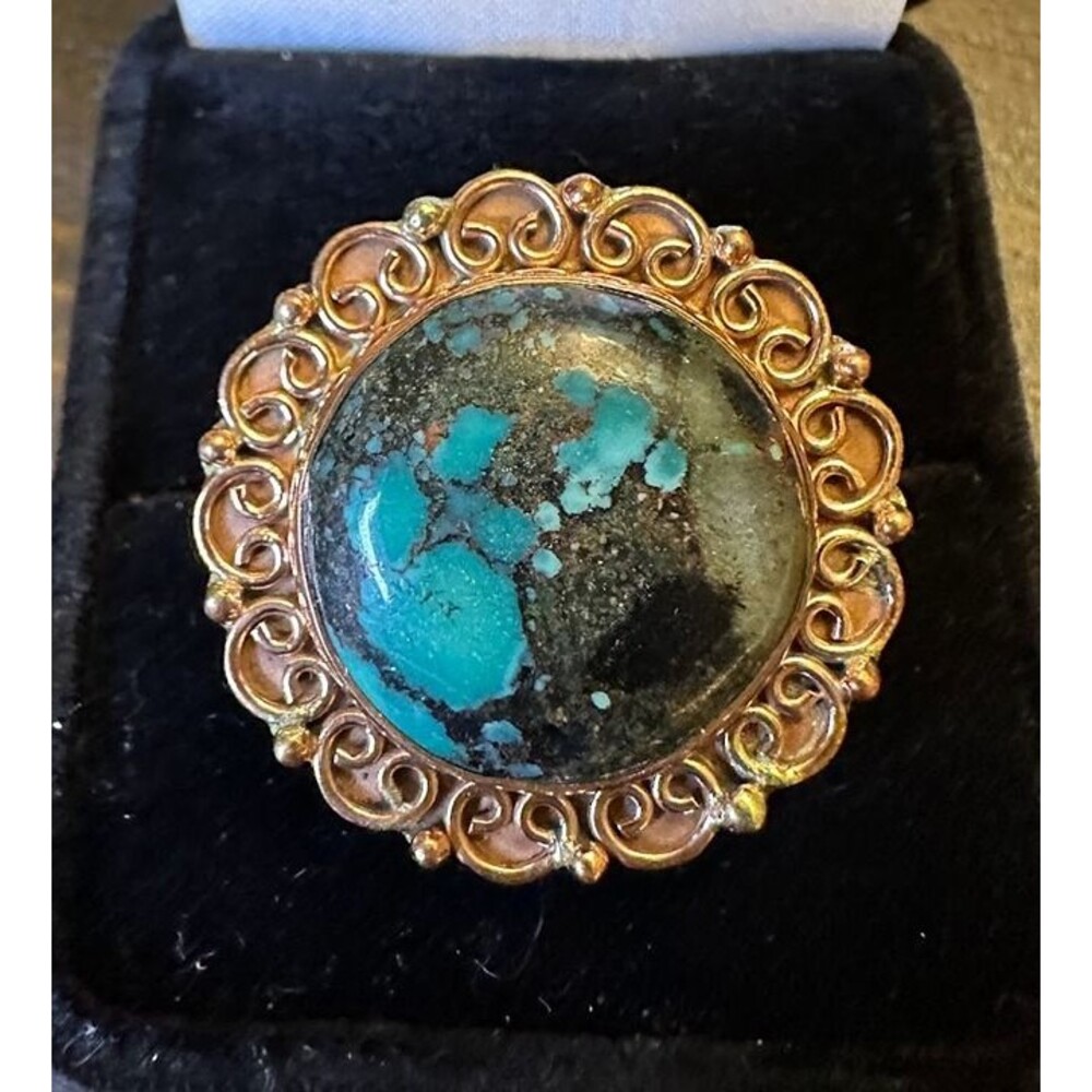 Round Morenci Turquoise Pure Copper Ring Size 8